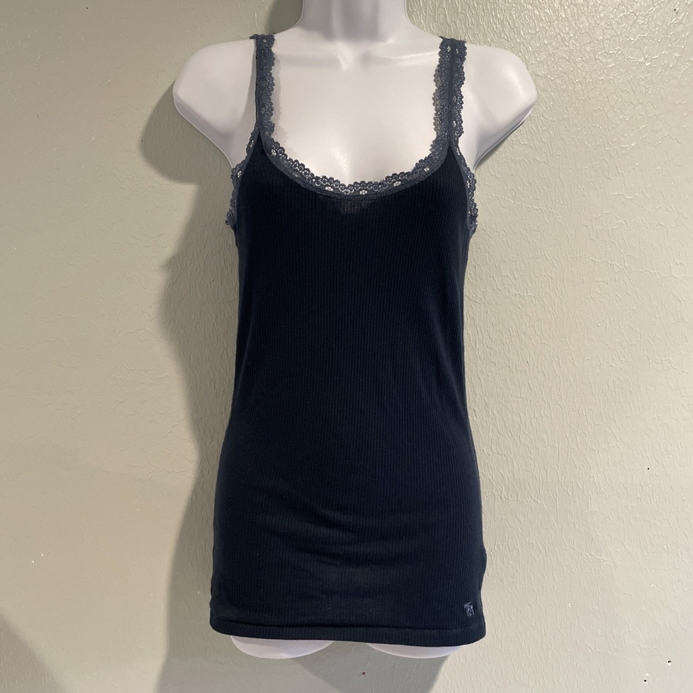 Vintage Abercrombie & Fitch Y2K 90's Cami‎ Tank Ribbed Navy Blue Large Lace Trim